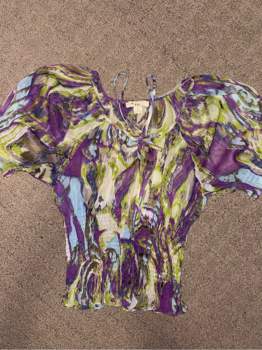 Forever 21 Purple, Green & Light Blue Abstract Peasant Top, cute, Women’s Size S